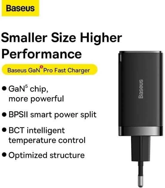 Baseus GaN5 Pro sieninis įkroviklis 2xUSB-C + USB 65W Juodas