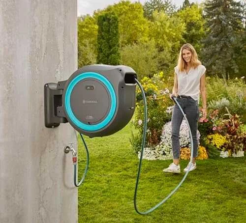 Gardena Akumuliatorinė prie sienos tvirtinama žarnos ritė PowerRoll XL, rinkinys, 35 m žarnos, turkio spalvos