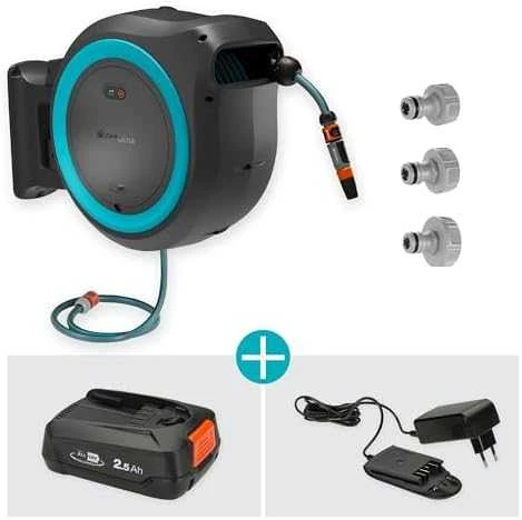 Gardena Akumuliatorinė prie sienos tvirtinama žarnos ritė PowerRoll XL, rinkinys, 35 m žarnos, turkio spalvos