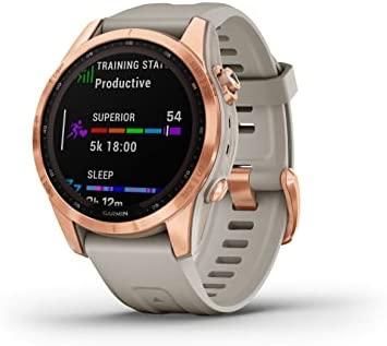 Išmanusis laikrodis Garmin fenix 7S Solar, Rausvojo aukso spalvos, su  šviesios smėlio spalvos silikoniniu dirželiu | Varle.lt