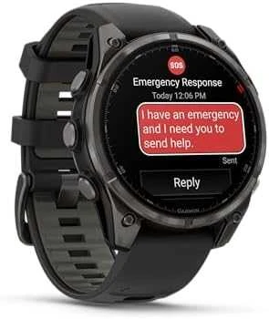 Išmanusis laikrodis Garmin fēnix® 8 Pro – 47 mm, AMOLED Sapphire, Pilkos anglies spalvos DLC titanas su juodos / pilkos akmenukų spalvos silikoniniu dirželiu