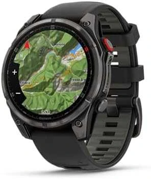 Išmanusis laikrodis Garmin fēnix® 8 Pro – 47 mm, AMOLED Sapphire, Pilkos anglies spalvos DLC titanas su juodos / pilkos akmenukų spalvos silikoniniu dirželiu
