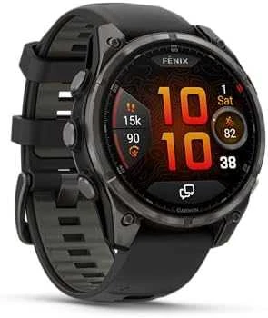 Išmanusis laikrodis Garmin fēnix® 8 Pro – 47 mm, AMOLED Sapphire, Pilkos anglies spalvos DLC titanas su juodos / pilkos akmenukų spalvos silikoniniu dirželiu