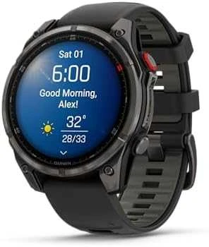 Išmanusis laikrodis Garmin fēnix® 8 Pro – 47 mm, AMOLED Sapphire, Pilkos anglies spalvos DLC titanas su juodos / pilkos akmenukų spalvos silikoniniu dirželiu