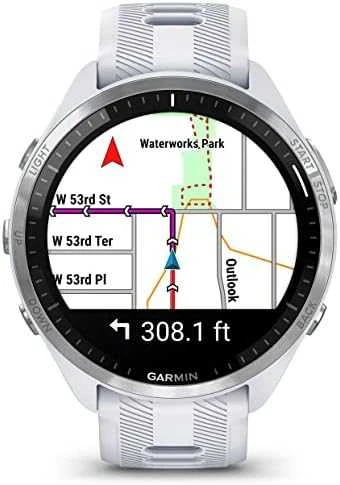 Išmanusis laikrodis Garmin Forerunner 965, Titano apvadas su „Whitestone“ (baltojo akmens) spalvos korpusu ir „Whitestone“ (baltojo akmens) ir „Powder Grey“ (pilkšvos) spalvos silikoniniu dirželiu