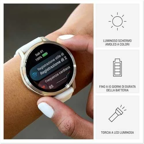 Išmanusis laikrodis Garmin Venu® 4 - 41 mm | spalva: pilkšvos aukso spalvos su kreminės spalvos silikoniniu dirželiu (010-03013-00)