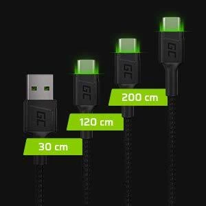 Green Cell Žalias Cell Cable Žalias Cell Ray USB-A - USB-C Žalias LED 200cm su Ultra Charge QC3.0 greito įkrovimo palaikymu