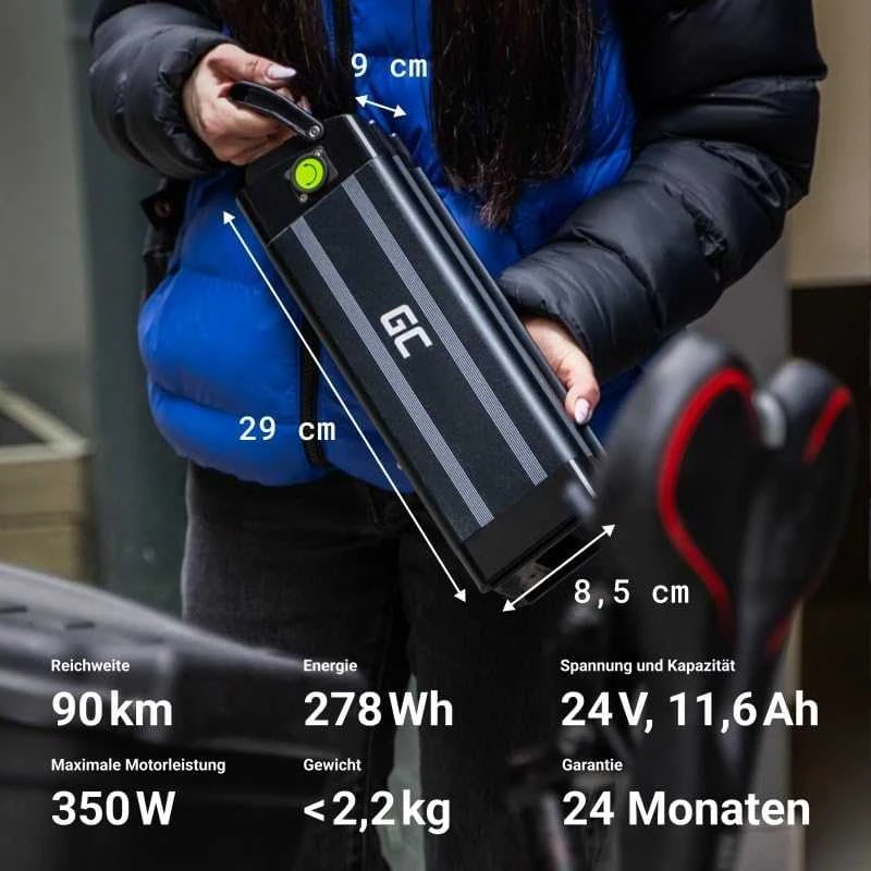 Green Cell Žalias Cell GC Silverfish akumuliatorius, skirtas Ebike elektriniam dviračiui su 24V 11.6Ah 278Wh Silverfish įkrovikliu Prophete, be kita ko.