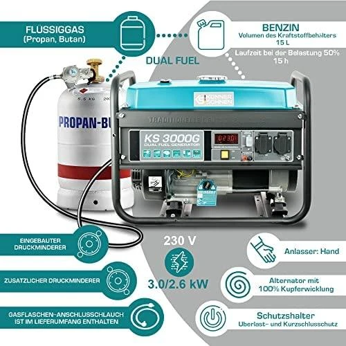 Hibridinis (benzinas/dujos) generatorius Könner & Söhnen, 2,6kW 230V KS 3000 G