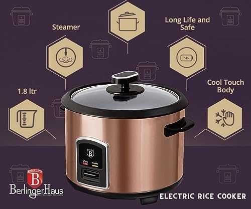 Cuociriso Elettrico 1.8L (10 Tazze) - Design Rosa Gold, Pentola Antiaderente, Coperchio In Vetro