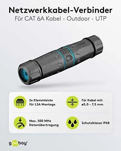 Goobay | Lauko (IP68) LAN kabelio jungtis, CAT 6A UTP neekranuotas | 44416
