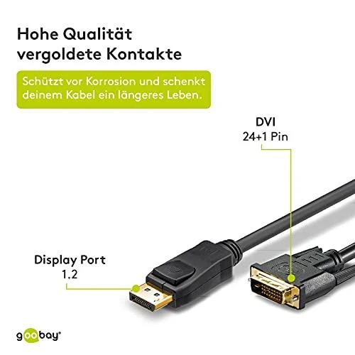 Goobay 51961 DisplayPort/DVI-D adapterio laidas 1.2, padengtas auksiniu sluoksniu, 2m | Goobay | DP į DVI-D