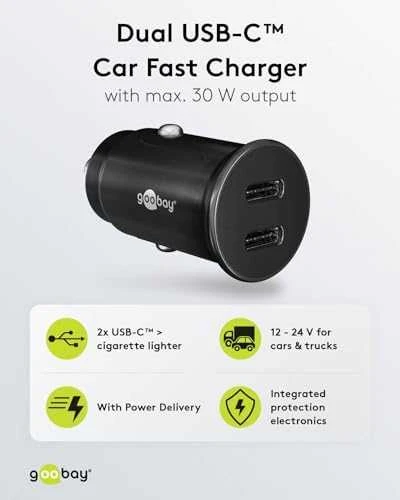 Įkroviklis automobilis 2x USB-C PD 3A 30W Goobay
