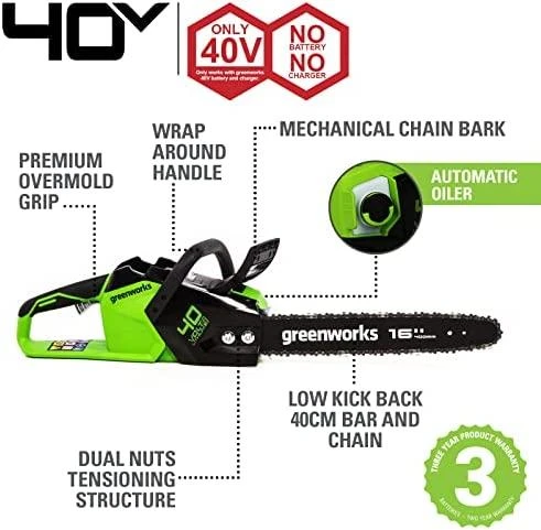 Greenworks Grandininis pjūklas GD40CS18, 40 cm 20 m/s, 40V, be akumuliatoriaus ir kroviklio