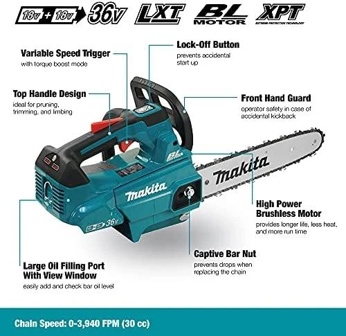 Makita DUC306Z Akumuliatorinis grandininis pjūklas, 2 x 18 V, BL variklis 300 mm, 20 m/s. (VIRŠUTINĖ RANKENA) be akumuliatorinio ir krovinio