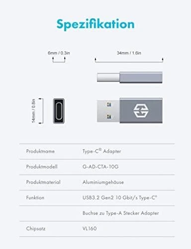 USB adapteris Graugear USB-C - USB Sidabrinis (G- AD- CTA- 10G)