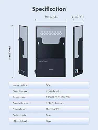 „Graugear“ kišeninis prijungimo dėklas 3,5 colio / 2,5 colio HDD / SSD diskams, USB 3.2 Gen1