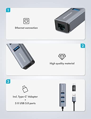 Graugear GRAUGEAR USB HUB USB-HUB 3x USB 3.0 prievadai Type-A+ Gbit LAN mažmeninė prekyba