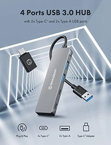 „Graugear Pilkas“ USB šakotuvas, 4 jungtys, 2x USB-A, 2x USB-C, įskaitant USB-C adapterį