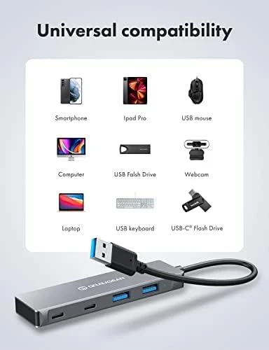 „Graugear Pilkas“ USB šakotuvas, 4 jungtys, 2x USB-A, 2x USB-C, įskaitant USB-C adapterį