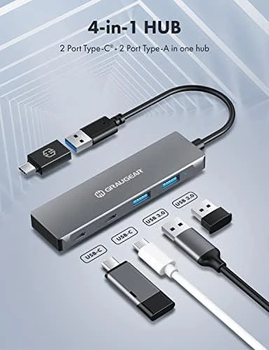 „Graugear Pilkas“ USB šakotuvas, 4 jungtys, 2x USB-A, 2x USB-C, įskaitant USB-C adapterį