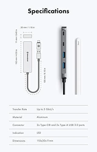 „Graugear Pilkas“ USB šakotuvas, 4 jungtys, 2x USB-A, 2x USB-C, įskaitant USB-C adapterį