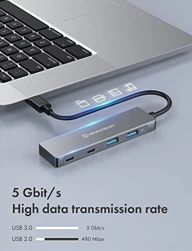 „Graugear Pilkas“ USB šakotuvas, 4 jungtys, 2x USB-A, 2x USB-C, įskaitant USB-C adapterį