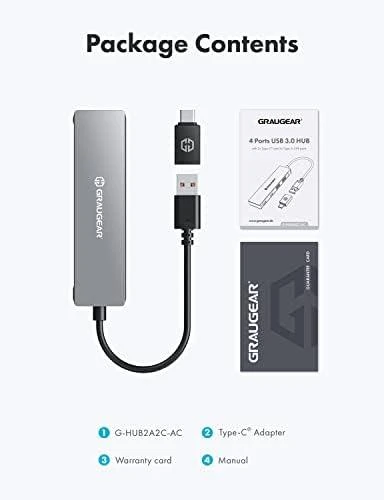 „Graugear Pilkas“ USB šakotuvas, 4 jungtys, 2x USB-A, 2x USB-C, įskaitant USB-C adapterį