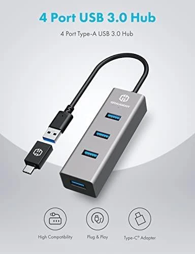 Graugear Pilkas USB Hub, 4 jungtys, including USB-C adapter