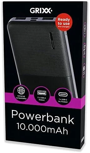 „Grixx“ nešiojamoji baterija, 10000 mAh, su mikro USB ir USB-C, juoda