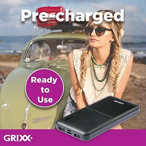 „Grixx“ nešiojamoji baterija, 10000 mAh, su mikro USB ir USB-C, juoda