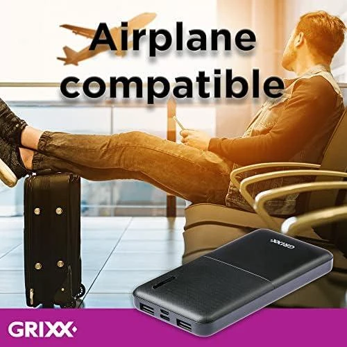 „Grixx“ nešiojamoji baterija, 10000 mAh, su mikro USB ir USB-C, juoda