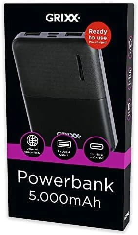 Powerbank Grixx Grixx Powerbank 5000mAh Micro USB & USB-C Juodas