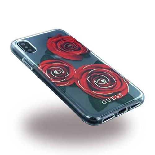 Guess Flower Desire Raudona Rose iPhone X dėklas – skaidrus