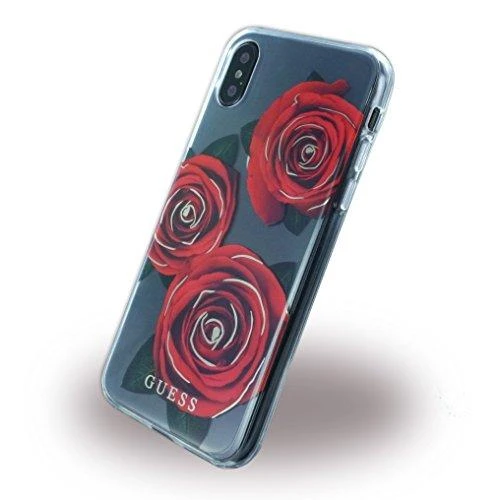 Guess Flower Desire Raudona Rose iPhone X dėklas – skaidrus