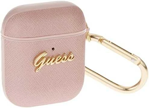 Dėklas GUESS GUA2SASMP AIRPODS 1/2 COVER Rožinis/Rožinis SAFFIANO SCRIPT METAL COLLECTION