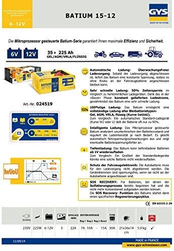 Sourcing Elektroninis akumuliatorių įkroviklis GYS Batium 15/12