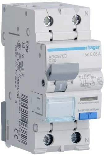 „Hager“ liekamasis grandinės pertraukiklis 2P 20A C 0,03A tipas AC (ADC970D)