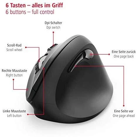 Belaidė pelė su 6 mygtukais  HAMA Vertical Ergonomic EMW-500, juoda