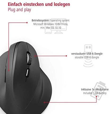 Belaidė pelė su 6 mygtukais  HAMA Vertical Ergonomic EMW-500, juoda