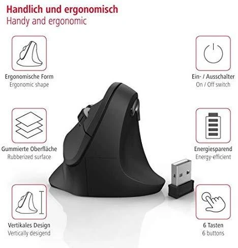 Belaidė pelė su 6 mygtukais  HAMA Vertical Ergonomic EMW-500, juoda