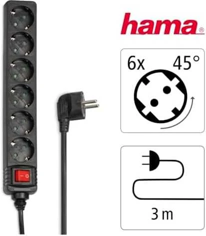 Prailginamasis laidas Hama 6 krypčių, jungiklis, 3 m, juodas