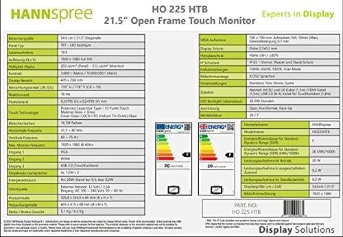 Monitorius Hannspree Open Frame HO 225 HTB 54,6 cm (21.5") LED „Full HD“ Lietimui jautrus ekranas Stendo dizainas Juoda