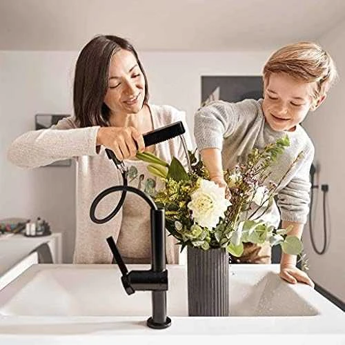 Praustuvo maišytuvas su ištraukiamu purkštuvu Hansgrohe Finoris 76063670, juodas matinis