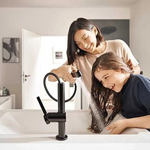 Praustuvo maišytuvas su ištraukiamu purkštuvu Hansgrohe Finoris 76063670, juodas matinis