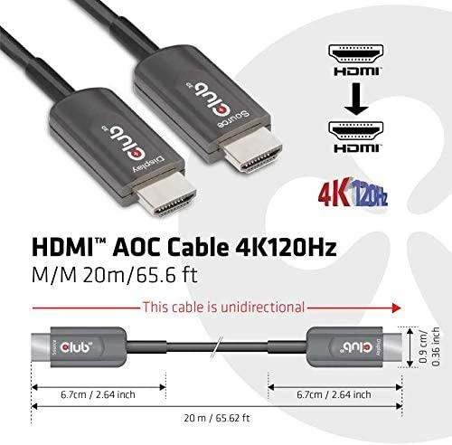 CLUB 3D itin didelės spartos HDMI™ sertifikuotas AOC kabelis 4K120Hz/8K60Hz vienkryptis M/M 20m/65,6ft