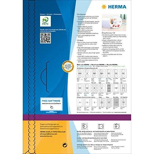 Herma Etykiety samoprzylepne Maxi 4460, A4, na CD, balta, apvalus, Ø 116 mm, papier matinė, 200 vnt (4460)