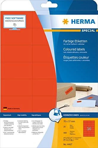Herma Etykiety kolorowe 4467, A4, 70 x 37 mm, papier matinė raudona, 480 vnt (4467)