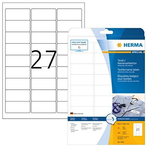 Herma Etiketės su pavadinimais, nuimamos, A4, 63,5 x 29,6 mm, balta, iš acetatinio šilko, spaudai - 4511