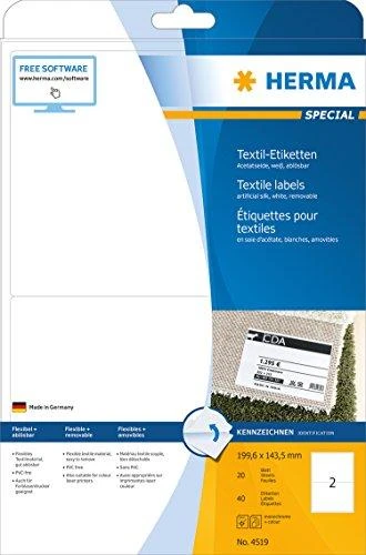 Herma Etiketės su pavadinimais, nuimamos, A4, 199,6 x 143,5 mm, balta, iš acetatinio šilko, spaudai - 4519